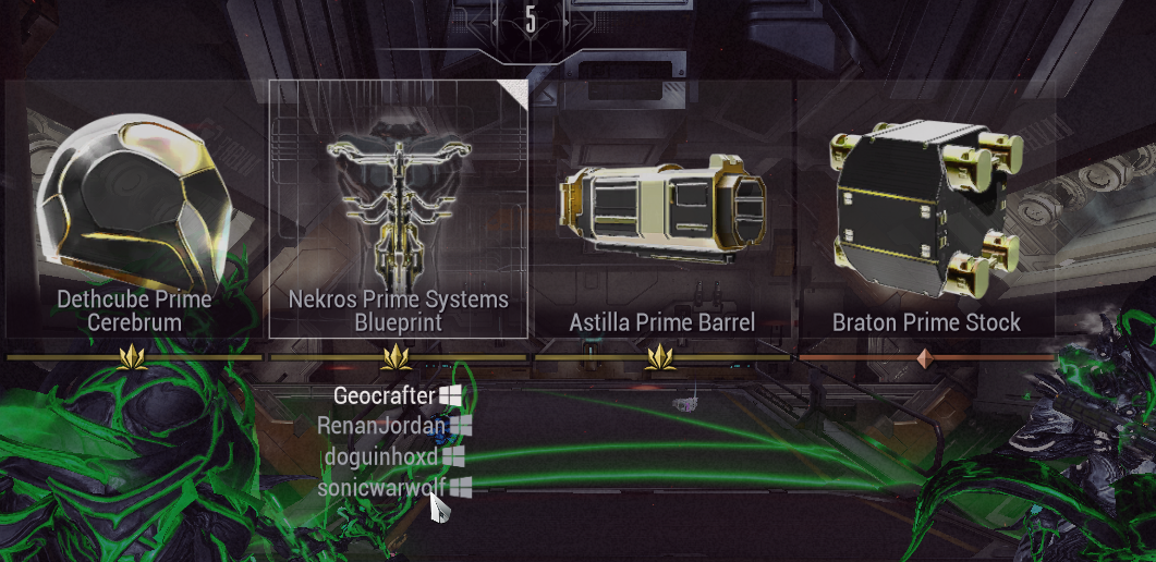 Screenshot of relics rewards page, showing the items that can be obtained from an opened relic